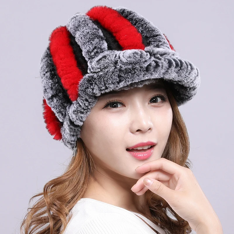 Зимние женские шапки, настоящий мех кролика, женская шапка, теплая, утолщенная, короткие, в полоску, вязаные шапки, 5 цветов, цена, H12