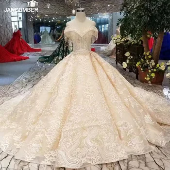 شراءLS11207 فساتين زفاف فاخرة مطرز بالشمبانيا وشرابة 2020 مع قطار طويل خارج الكتف على شكل قلب Hochzeitskleid
