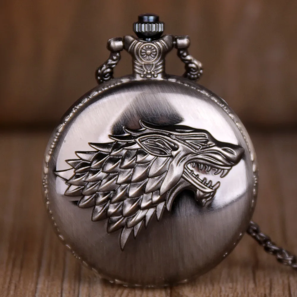 Винтажные бронзовые Кварцевые старинные карманные часы "Игра престолов" с головой волка бронзовые Подвесные часы с ожерельем подарки Fob часы