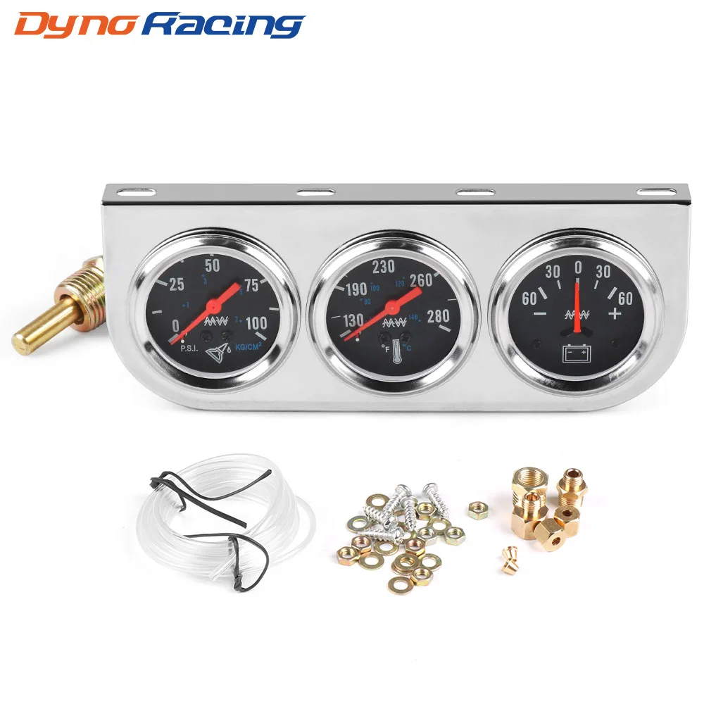 CNSPEED 2 52mm Mechanical Chrome Water Temperature Oil Pressure AMP Meter Triple Gauge Kit 3in1 White Face