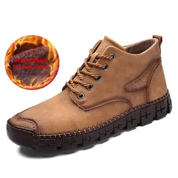 

Men's Winter Boots Handmade Leather Men's Boots Fur Warm Men's Snow Boots Outdoor Comfortable Motorcycle Boots Men Ankle Boots