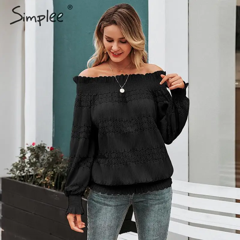  Simplee Ruffled off shoulder women blouse shirt Elegant lace elastic hollow out female tops Autumn 