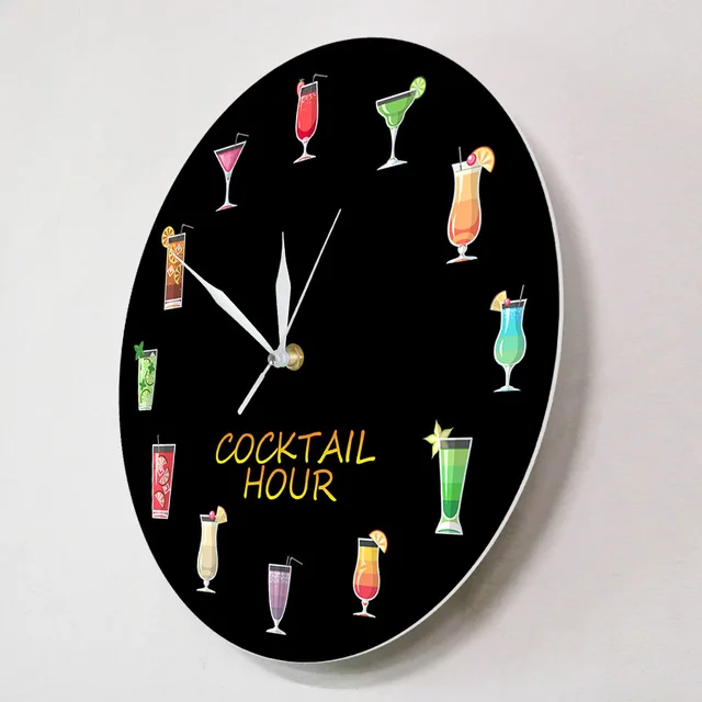 Colorful Alcohol Cocktail Hour Printed Wall Clock Drinking Alcohol Bar Pub Sign Hanging Wall