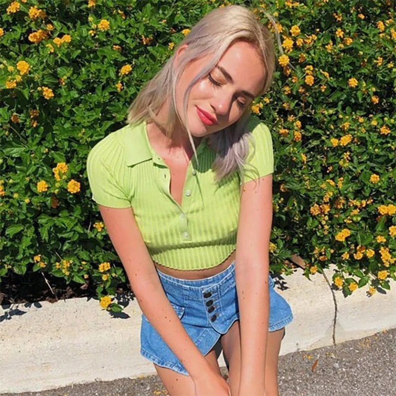 

BRADELY MICHELLE cotton knitted crop tops for Sexy women 2019 Summer female solid short-sleeve elasticity polo shirt