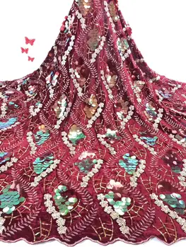

2020 African Laces Fabrics Guipure French Lace Fabric High-quality 2019 Red Royal Blue Green Gold Sequines Nigeria Net Lace Fabric Wedding Dress