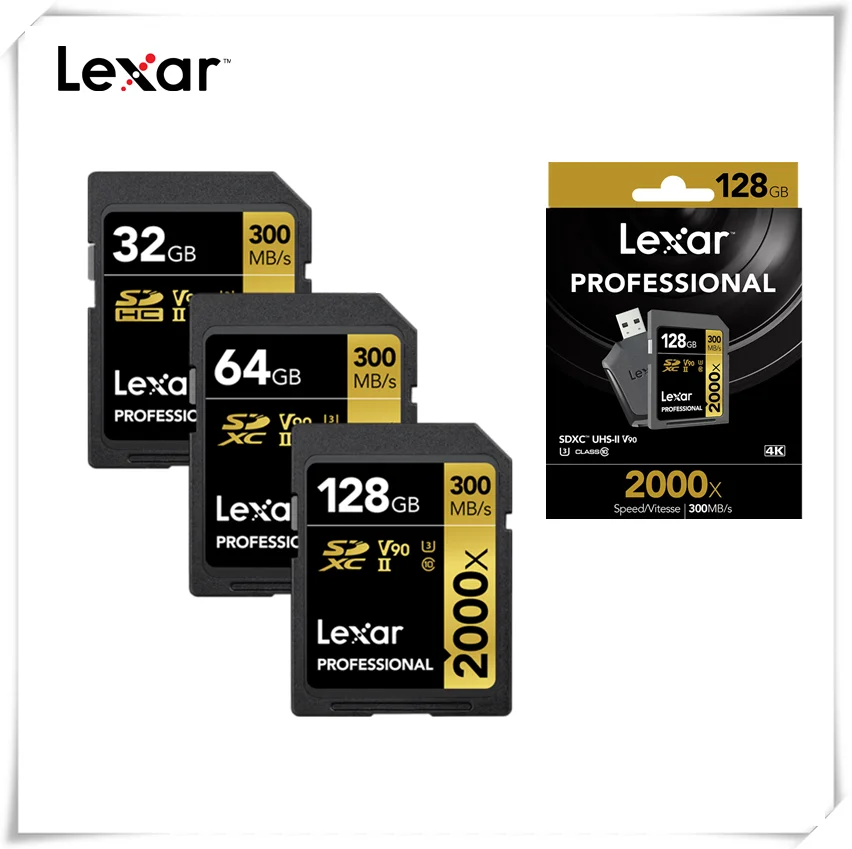 Lexar 128 Гб 64 Гб SDXC карты U3 32 ГБ SDHC карты 2000X UHS-II 300 МБ/с. высокое Скорость флэш-память для 3D 4K видео Камера