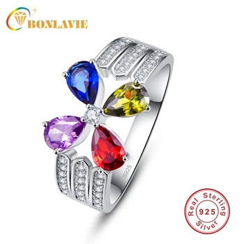 

BONLAVIE Luxurious 4 Colors Flower Rings for Women Wedding Jewelry 925 Sterling Silver Water Drop Blue Yellow Purple Red Crystal