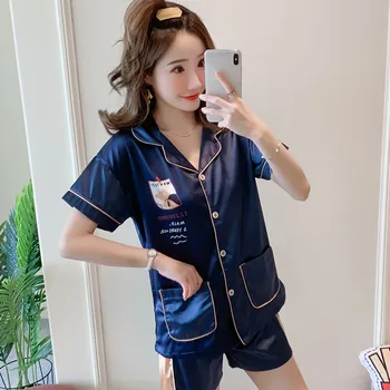 

New Spring Summer Women Faux Silk Pajamas Set Simple Pure Color Leisure Nightwear Short Sleeves Sleepwear Ladies Mujer Sexy