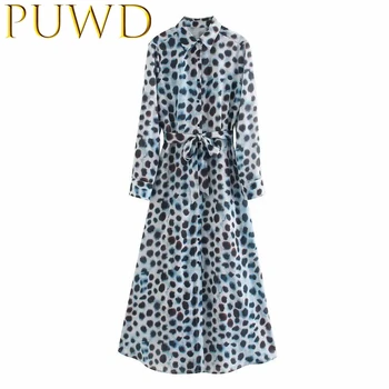 

PUWD 2020 Spring new women's new reduced age belt Printed Dress Forest Fairy skirt stand collar long sleeve long skirt