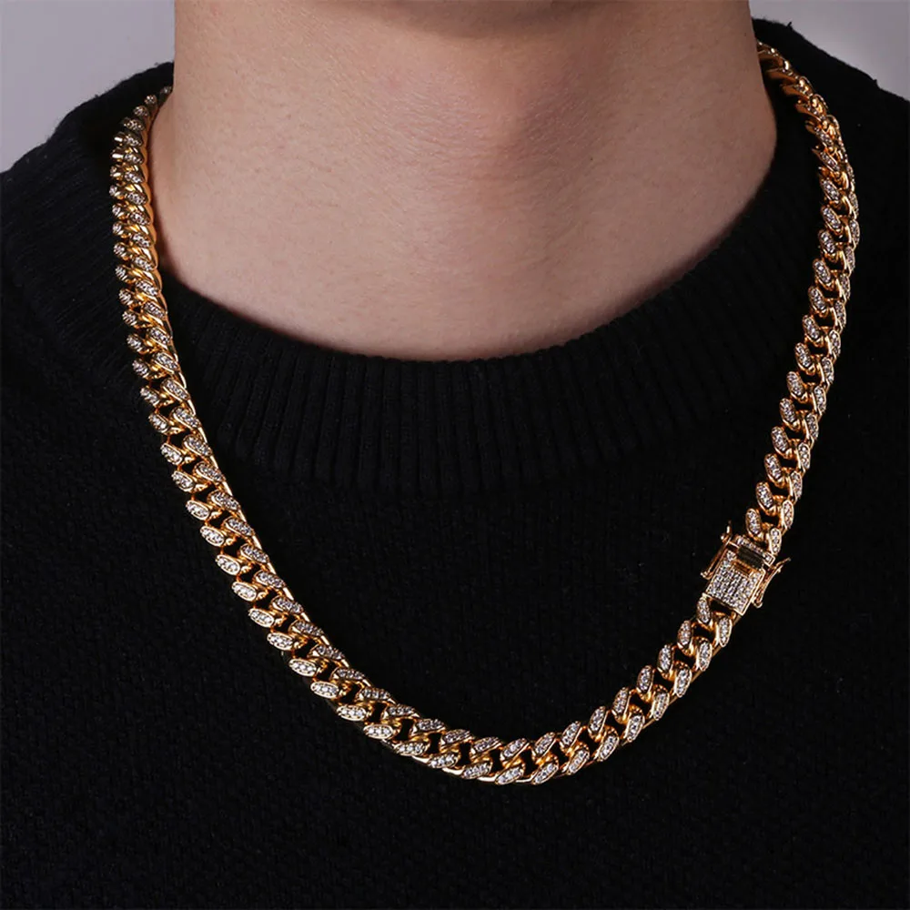 

Personality Hip Hop 10mm Miami Cuban Chain Necklace Ice Gold Silver Micro Pave Cubic Zircon Charm For Men Jewelry Gifts
