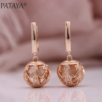 

PATAYA New 585 Rose Gold Hollow Spherical Long Dangle Earrings Women Cute Fine Fashion Jewelry Carving Unique Wedding Earrings