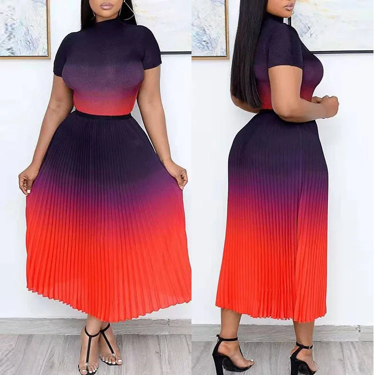 

Gradient Color Printing Women Elegant Two Piece Sets Casual O Neck Short Sleeve Tops Pleated Ankle-length Skirts Plus Size Suit