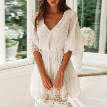 

White Lace Cotton Embroidered Mini Dress Summer Korean Dresses Boho Beach Cover Up Tunic Fashion Short Casual Loose Belt Dress