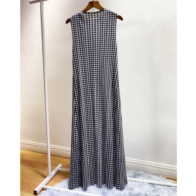 Changpleat летние новые женские платья Miyak плиссированные модные дизайнерские клетчатые тонкие платья без рукавов с круглым вырезом и эластичной талией D9