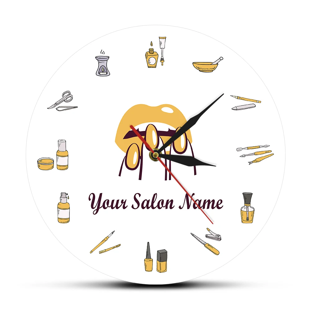 Custom Name Yellow Магазин красоты ногтей спа студия Пользовательские настенные часы педикюр салонные Инструменты Работа персонализированные Маникюр имя бесшумные кварцевые настенные часы - Цвет: Custom Name Yellow