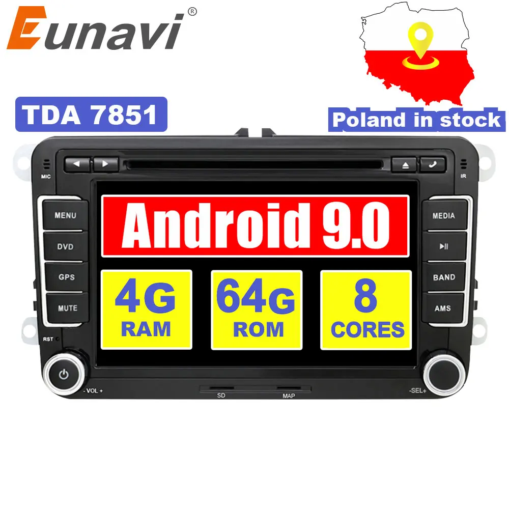 ^*Best Offers Eunavi 2 Din Android 9.0 Car DVD Radio GPS navi For VW GOLF 6 Polo Bora JETTA B6 PASSAT Tiguan SKODA OCTAVIA IPS TDA7851 4G 64G