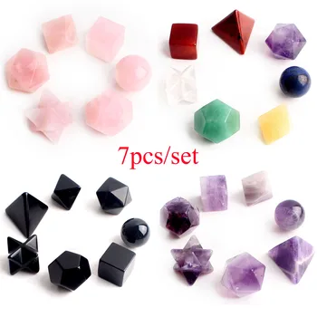 

7PCS Carved Crystal Platonic Solids Set Sacred Geometry Symbols Quartz Amethyst Jasper Merkaba Star Stone Healing Balancing