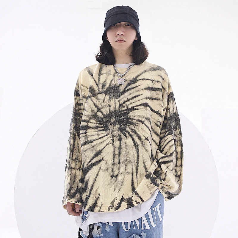 Men Oversize Sweater Fashion Tie-dyed O-neck Knitted Hoodies Autumn Winter Warm Hip Hop New Loose Streetwear Pullovers Sweaters
