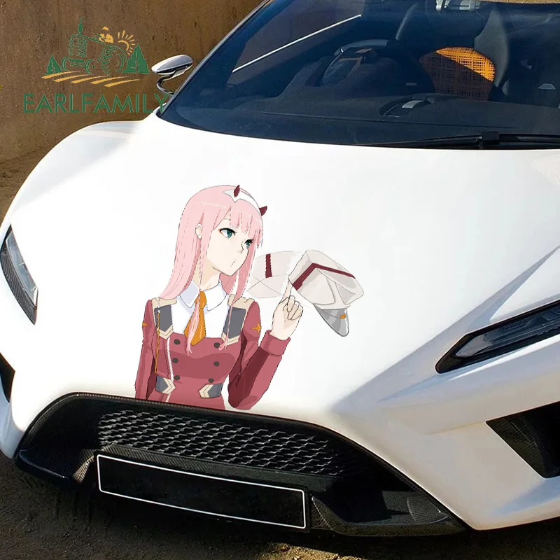 EARLFAMILY 43cm x 39.6cm For Zero Two Sunscreen Fine Decal Motorcycle Car Stickers Personality Cartoon For JDM SUV RV
