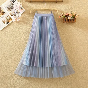 

Gradient bright screen yarn pleated skirt for women in autumn and winter