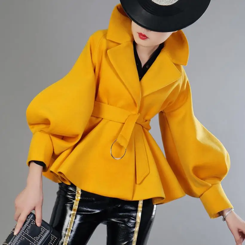 

2019 women autumn winter fashion wool Short OuterwearWomen Wool Coat Lantern Sleeves Short Winter Wool Jacket