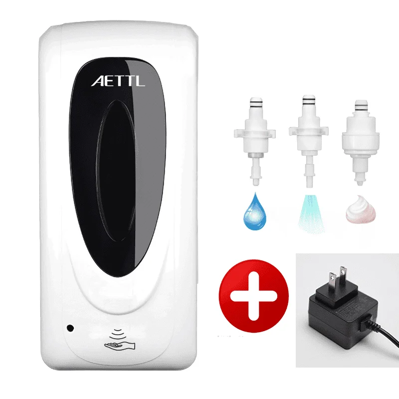 Distributeur gel hydroalcoolique automatique 1000ml en acier brossé, vue de face avec support mural.