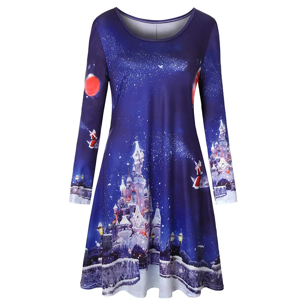 Без рукавов# W401 Новое модное платье для женщин с длинным рукавом винтажный Рождественский Рисунок круглый вырез Вечерние платья
