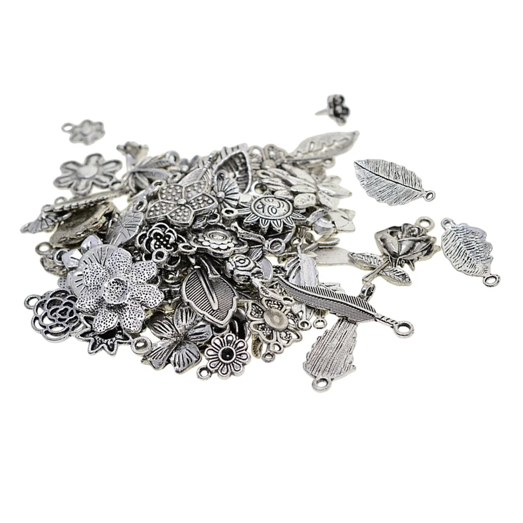 100 Grams Tibetan Silver Plated Mixed Plant Leaves Flowers Charms Pendants Connectors DIY for Jewelry Making and Crafting