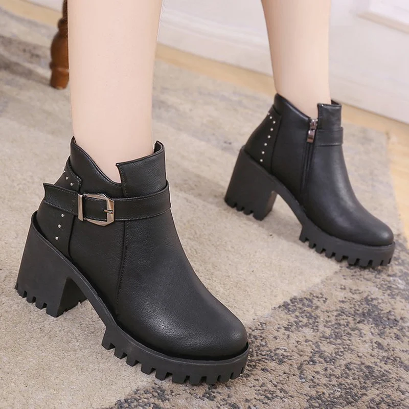 E TOY WORD 2019 Autumn New Martin boots Female England casual Square with High Heels Zipper Booties Ankle boots Women Shoes