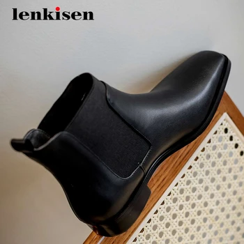 

Lenkisen hot stretch boots natural leather patchwork high quality square toe thick med heel slip on pretty girl ankle boots L19