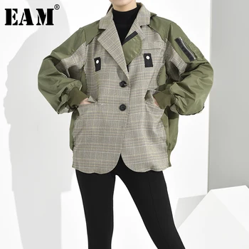 

[EAM] Loose Fit Plaid Split Joint Oversized Jacket New Lapel Long Sleeve Women Coat Fashion Tide Spring Autumn 2020 1D6360
