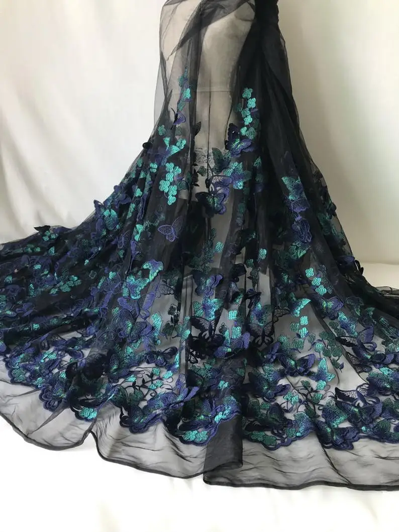 1 ярд Красивая 3d кружевная бабочка из ткани, темно-синяя и Зеленая бабочка на черной тюлевой ткани, кружевное платье или ткань для штор