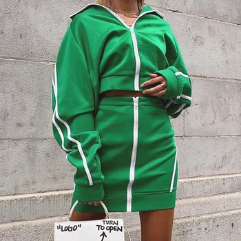 

InstaHot Green Stripe Side Two Piece Set Zipper Up Stand Collar Crop Top Short Skirt Casual Women Autumn High Street Tracksuit