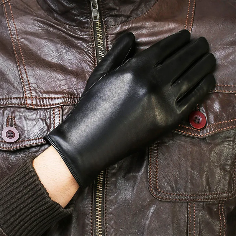 black silky lined Натуральная кожа перчатки мужские модные простые перчатки из овечьей шкуры мужские черные осень зима плюс бархат утолщаются теплые для вождения DQ208 - Цвет: black silky lined