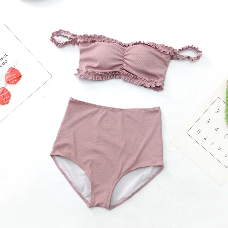 

Korean Style High Waist Bikini Set Women Biquini Suit Two Pieces Swimwear Solid Swimsuit High Quality Beach Suit