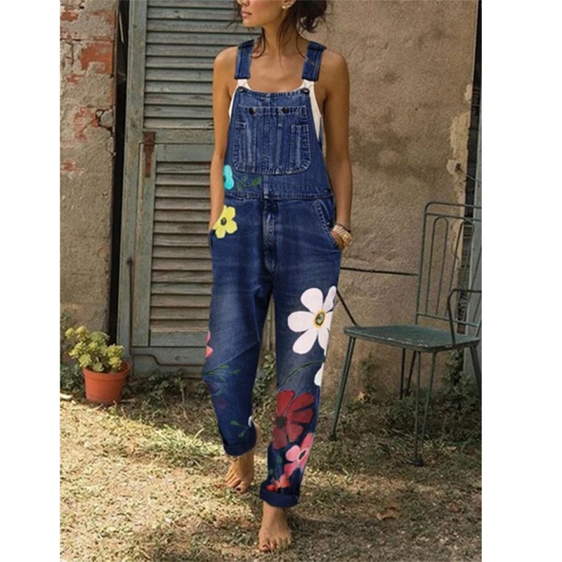

Women elegant Print Denim Jumpsuit Romper Long Trousers Overalls Straps Jumpsuit Autumn ladies Casual Loose plus size jumpsuits