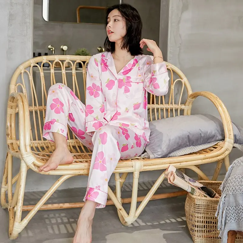 

Spring Girl Nightwear Long Pant Pajama Suit 2019 New Autumn Korean Foral Print Elegant Women Sexy Home Wear Set Sleepwear