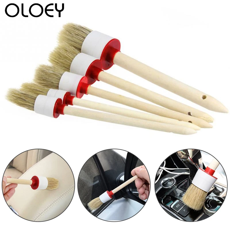 Car Wash Brush Cleaning Round Head Wood Handle Beige Faux Bristle Wheel