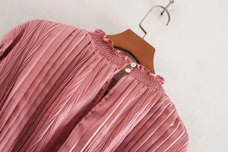 Женская Стильная однотонная Повседневная тонкая плиссированная блуза, Офисная Женская рубашка с длинным рукавом, шикарная кружевная сорочка LS6152