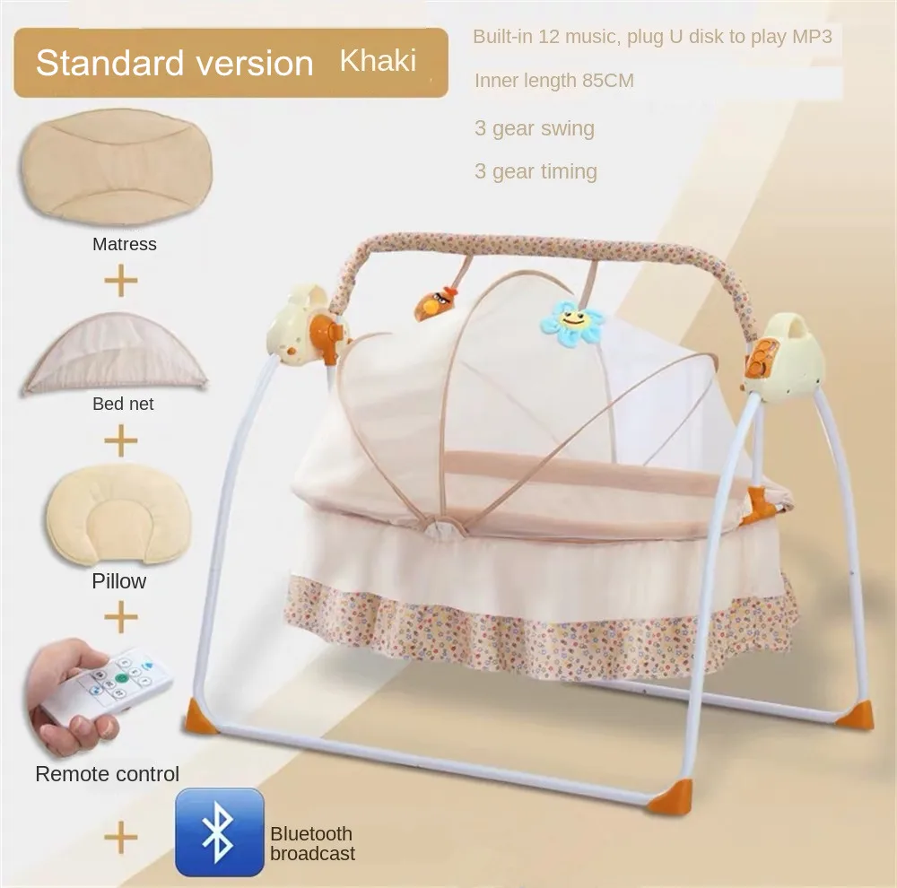 Детская колыбель, электрические складные качели, корзина для новорожденных, умный маятник, колыбель для телефона, кресло-качалка, большое пространство, управление Bluetooth - Цвет: Standard khaki