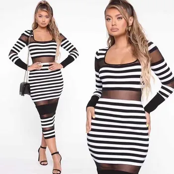

Wholesale 2019 woman's dress Black White Long sleeve Sexy Perspective celebrity boutique cocktail party bandage dress