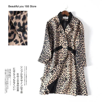 

Autumn high-end mid-length leopard print all-match Korean style women's slimming trench coat