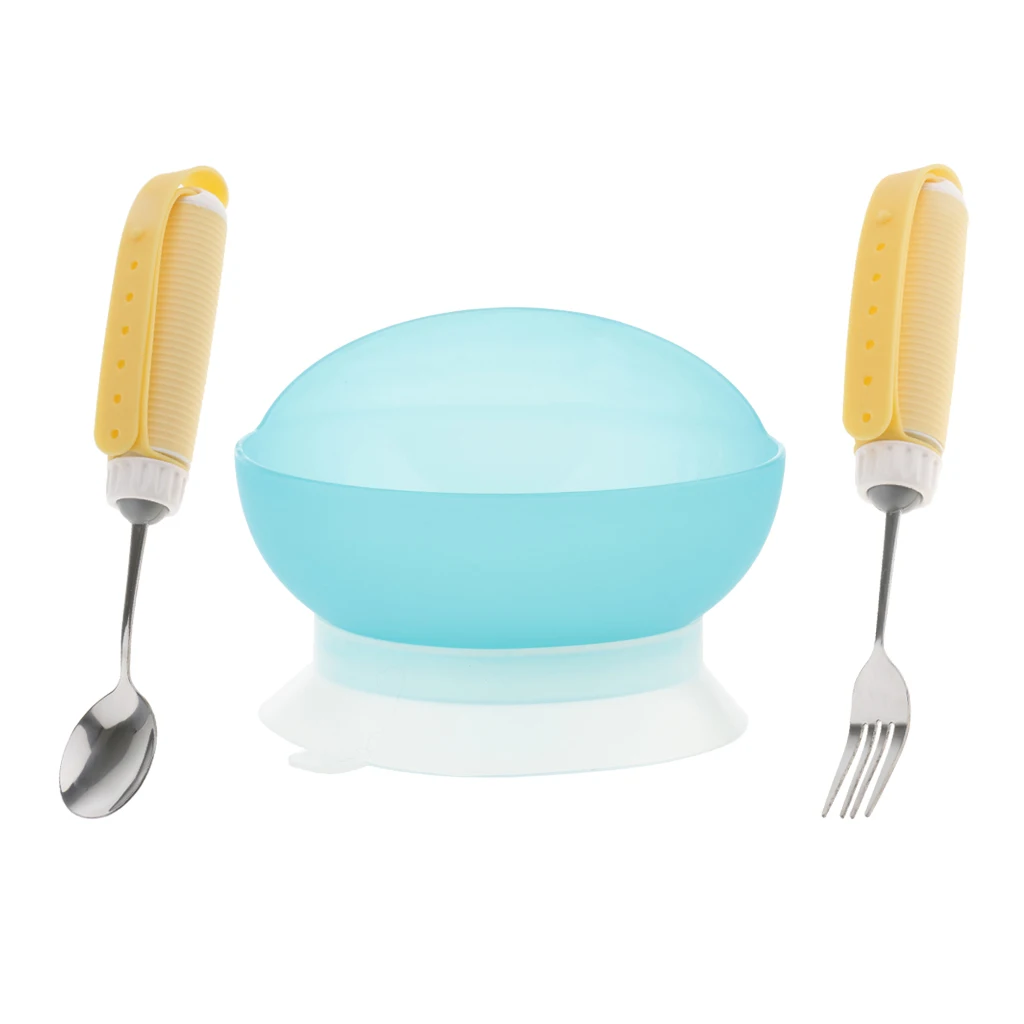 3pcs Silicone Gel Stainless Steel Anti Slip Strap Arthritis Assist Parkinson's Elderly Utensil Eating Aids Spoon Fork Bowl Kit