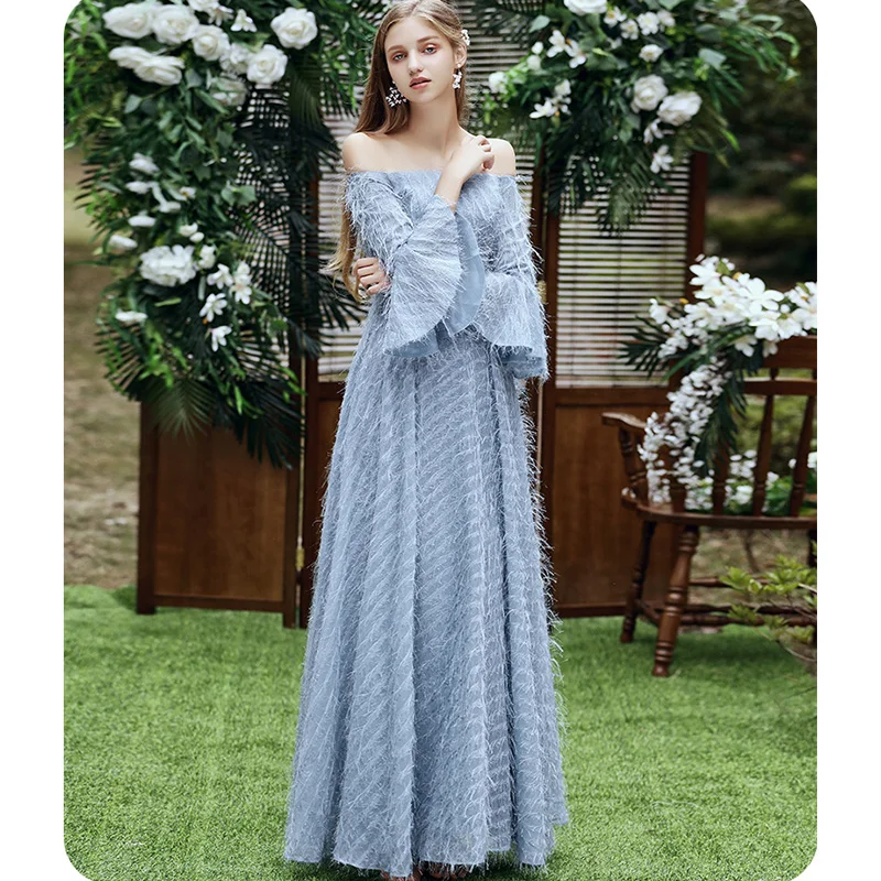 Blue B Yiiya/платье подружки невесты; платье трапециевидной формы с вырезом лодочкой и перьями; платье подружки невесты с рукавом до локтя; платье в пол; Vestido Madrinha LF233 - Цвет: Blue B