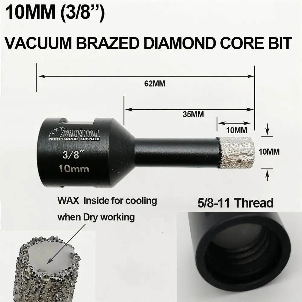 2pcs 10mm Vacuum brazed diamond Dry drilling bits Dimeter 3/8"  5/8-11 Thread core bits for tile granite marble concrete