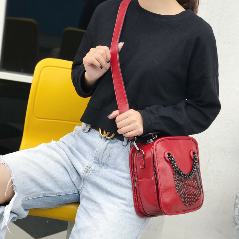 

Oil Wax Leather Tassel Texture Small Square Bag Soft Leather Female Shoulder Messenger Portable Chain Small Bag Ladies Handbags