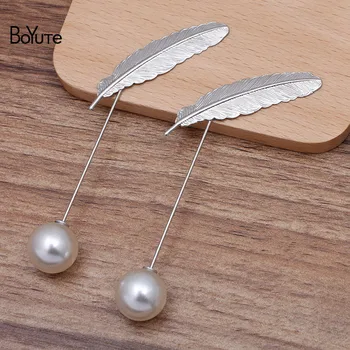 

BoYuTe (10 Pieces/Lot) 12*52MM Metal Brass Feather Lapel Pin with Pearl Stopper Fashion Men Brooch Pins Jewelry Accessories