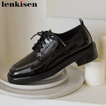 

Lenkisen 2020 leisure classic color genuine leather square toe med heel preppy style young lady bowtie lace up women pumps L05