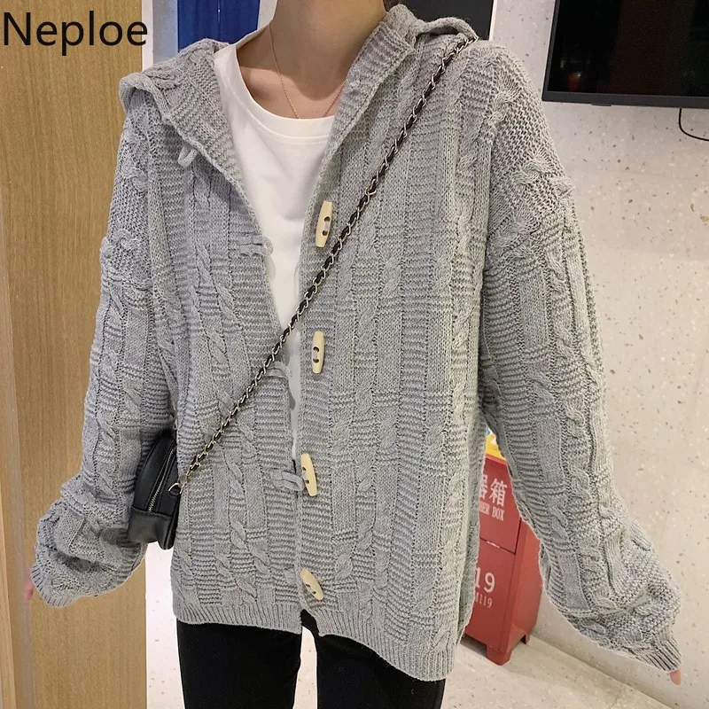 Neploe, шикарный, однотонный, грубая шерсть, вязанный кардиган, свитер с длинным рукавом, с одной роговой грудью, дизайнерское Женское пальто, осень-весна 47769
