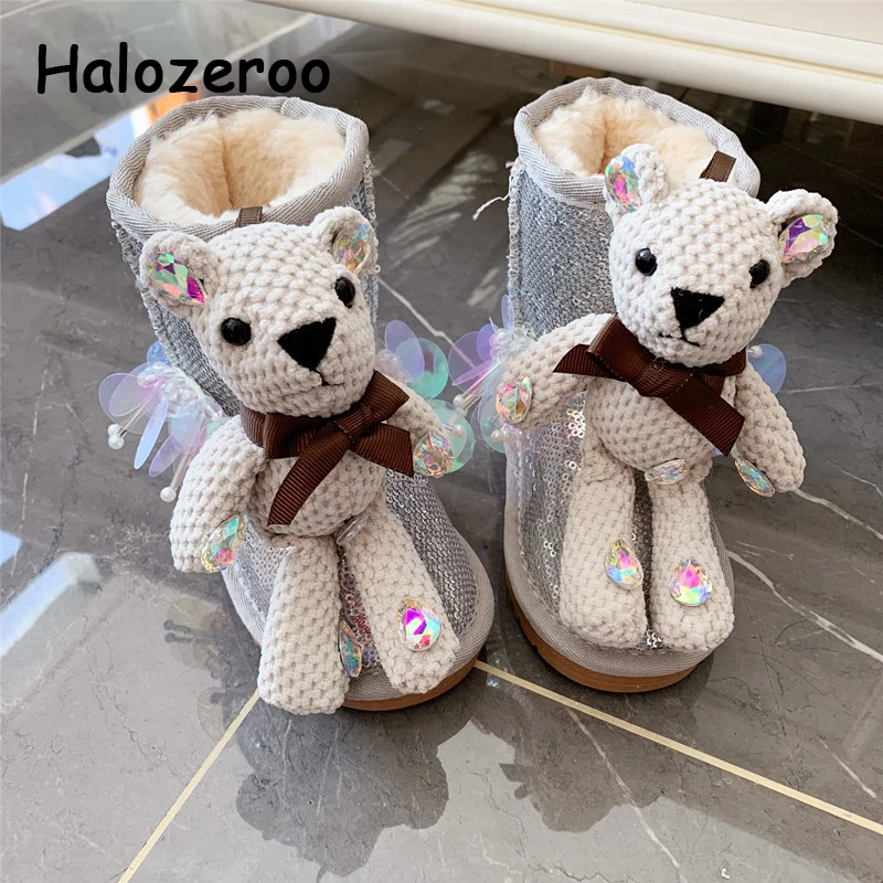 Новые зимние детские зимние ботинки для малышей; Теплая обувь из натуральной кожи; ботильоны с медведем для маленьких девочек; женские брендовые ботинки; модные черные ботинки